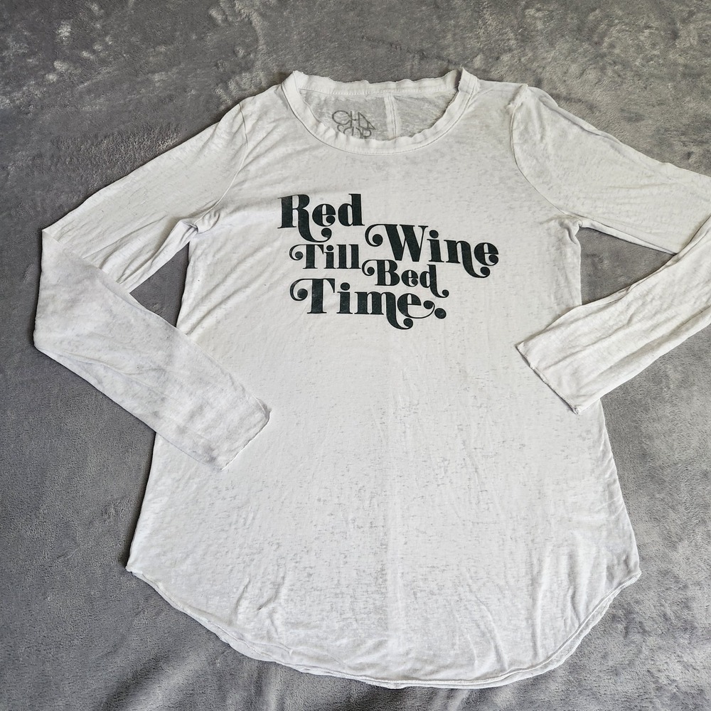 Revolve Chaser NEW Red Wine Till Bedtime Long Sleeve Burnout White T-Shirt M